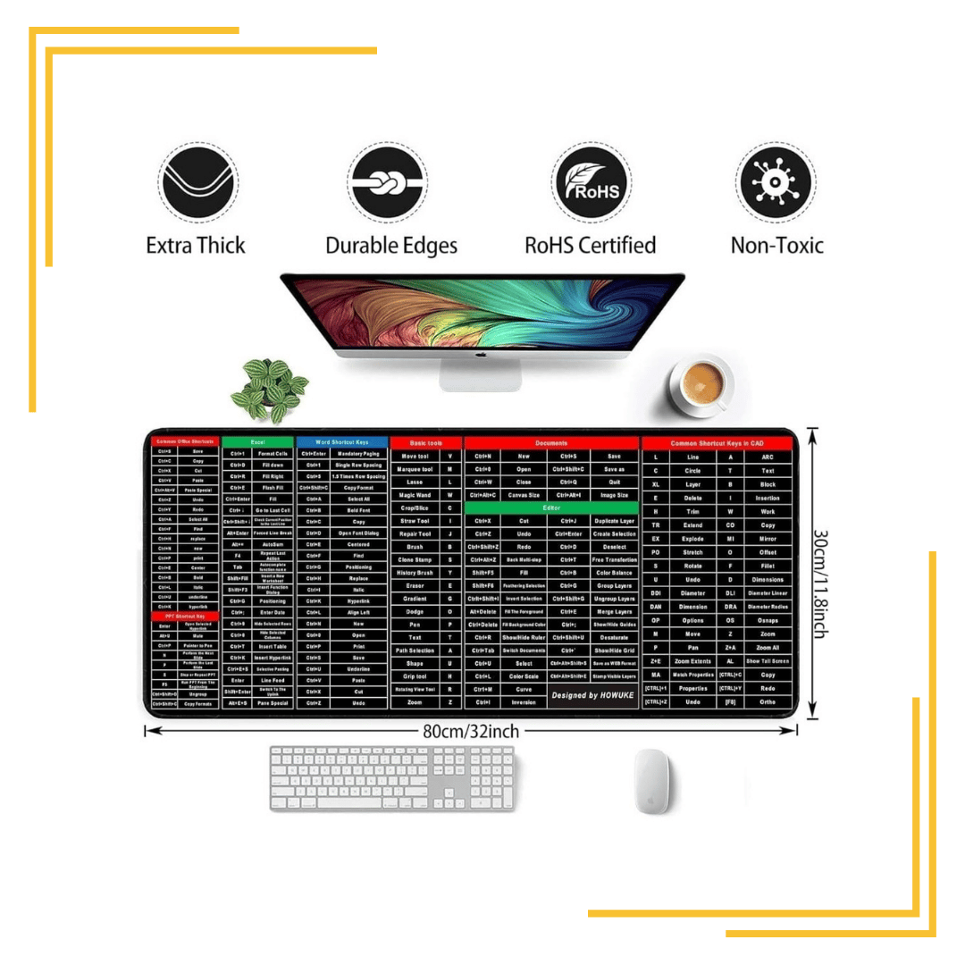 Anti-Slip Keyboard Pad with Office Excel Software Shortcuts Key Patterns, Large Rubber Base Mice Smooth Cloth Desk Mat, Large Gaming Mouse Pad(80x30cm)