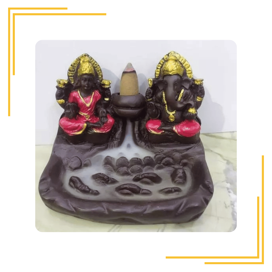 Lord Laxmi Ganesh Smoke Fountain Incense Holder with 10 Units of Backflow Cones Polyresin Incense Holder