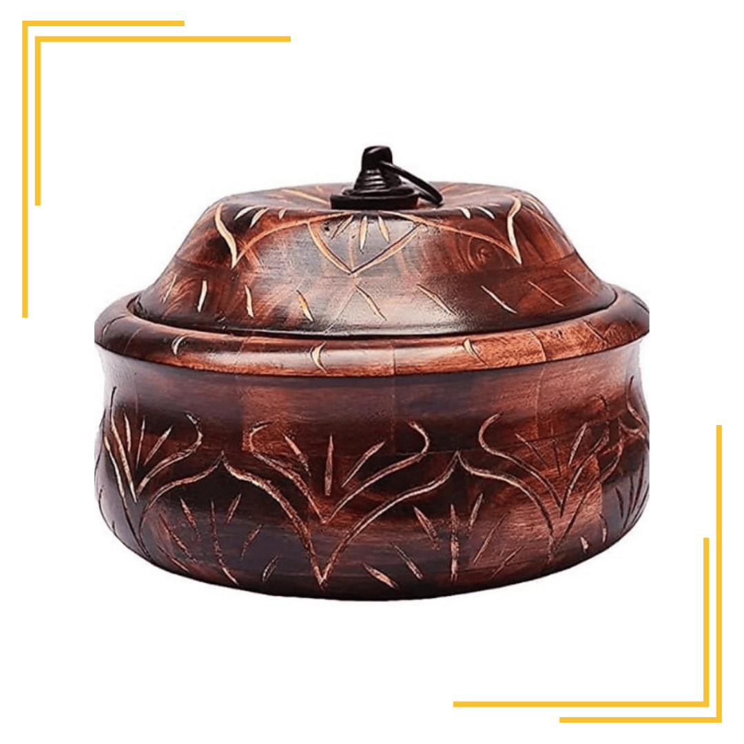 Antique Finish Handmade Engraved Design with Stainless Steel Inner Decorative Wooden Casserole, Chapati Box, Hot Pot for Chapati/Bread/Roti and Food Storage (Brown)