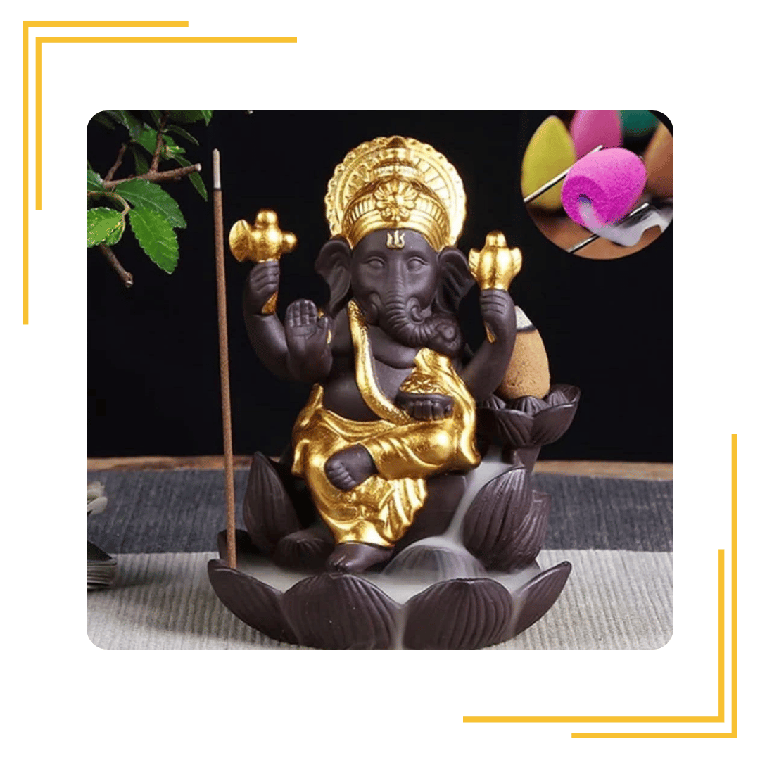 Lotus Ganesha Backflow Burner Incense Holder (Golden) with 10 Backflow Incense Cone