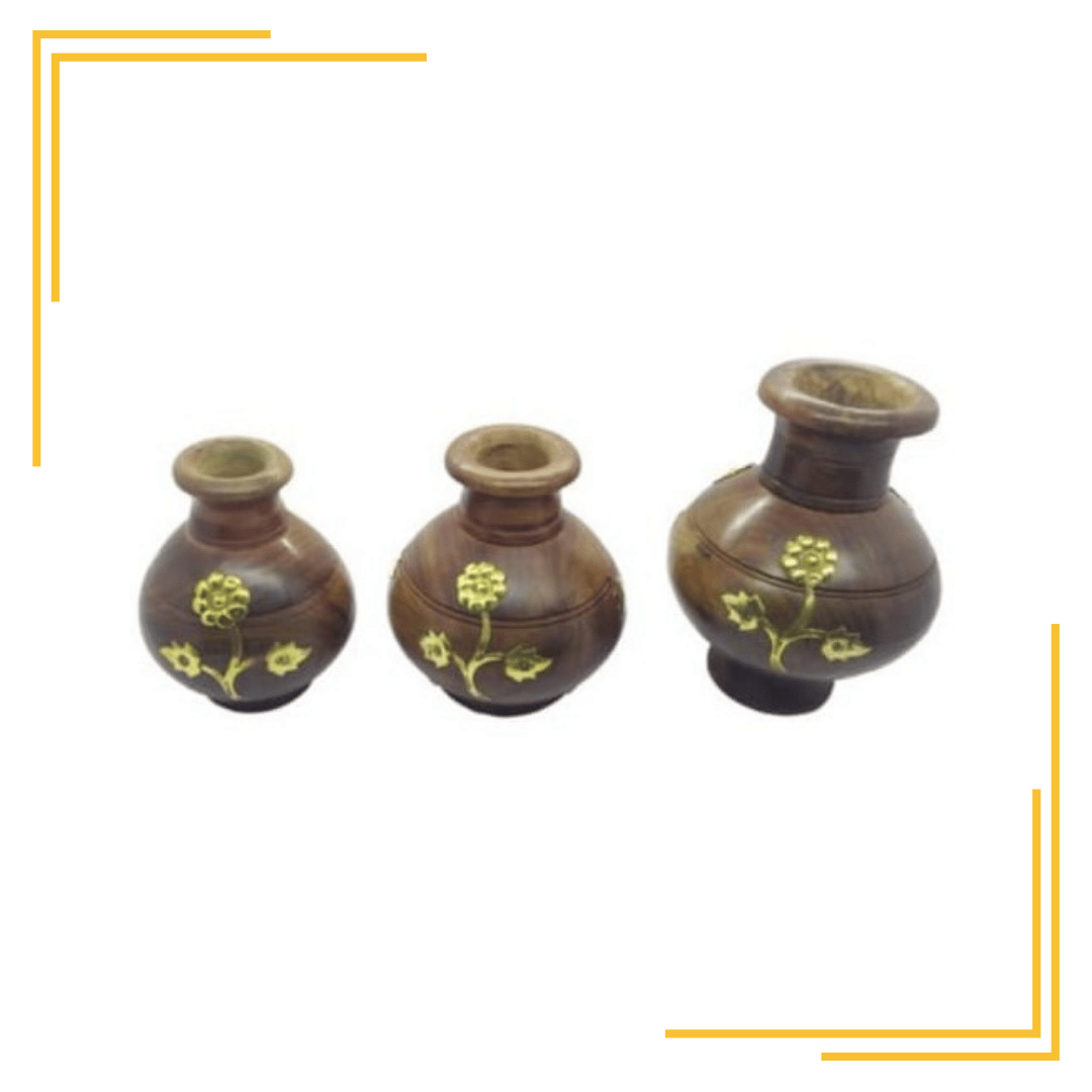 Wooden Handcrafted Matka Shaped Flower Vase-Set of 3 (Brown)