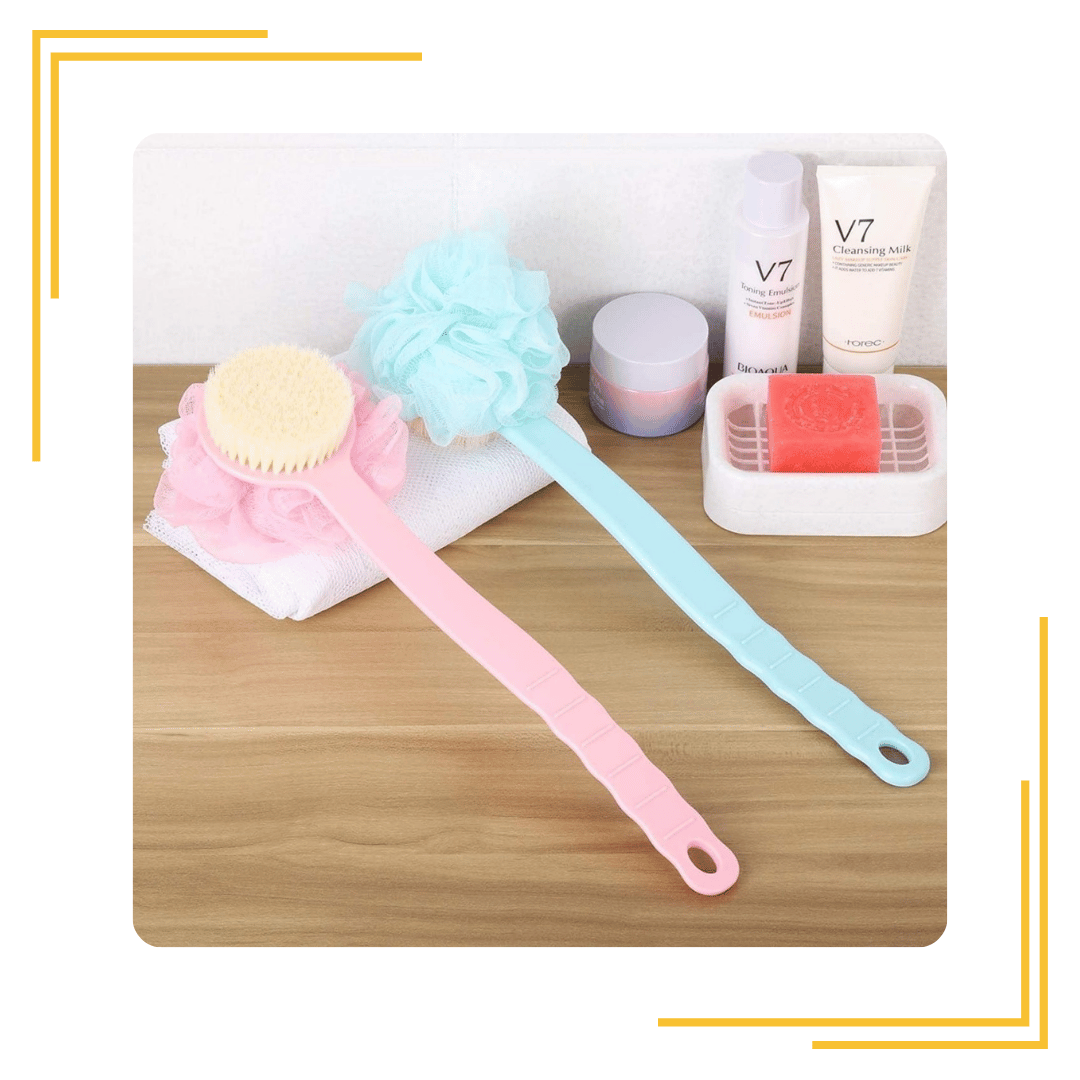 2 IN 1 Bath Body Brush with Soft Loofah and Bristles,Back Scrubber with Curved Long Handled Shower Brush for Wet or Dry, Women & Men Body,Face and Spa Washing (Pack Of 1) (MultiColor)