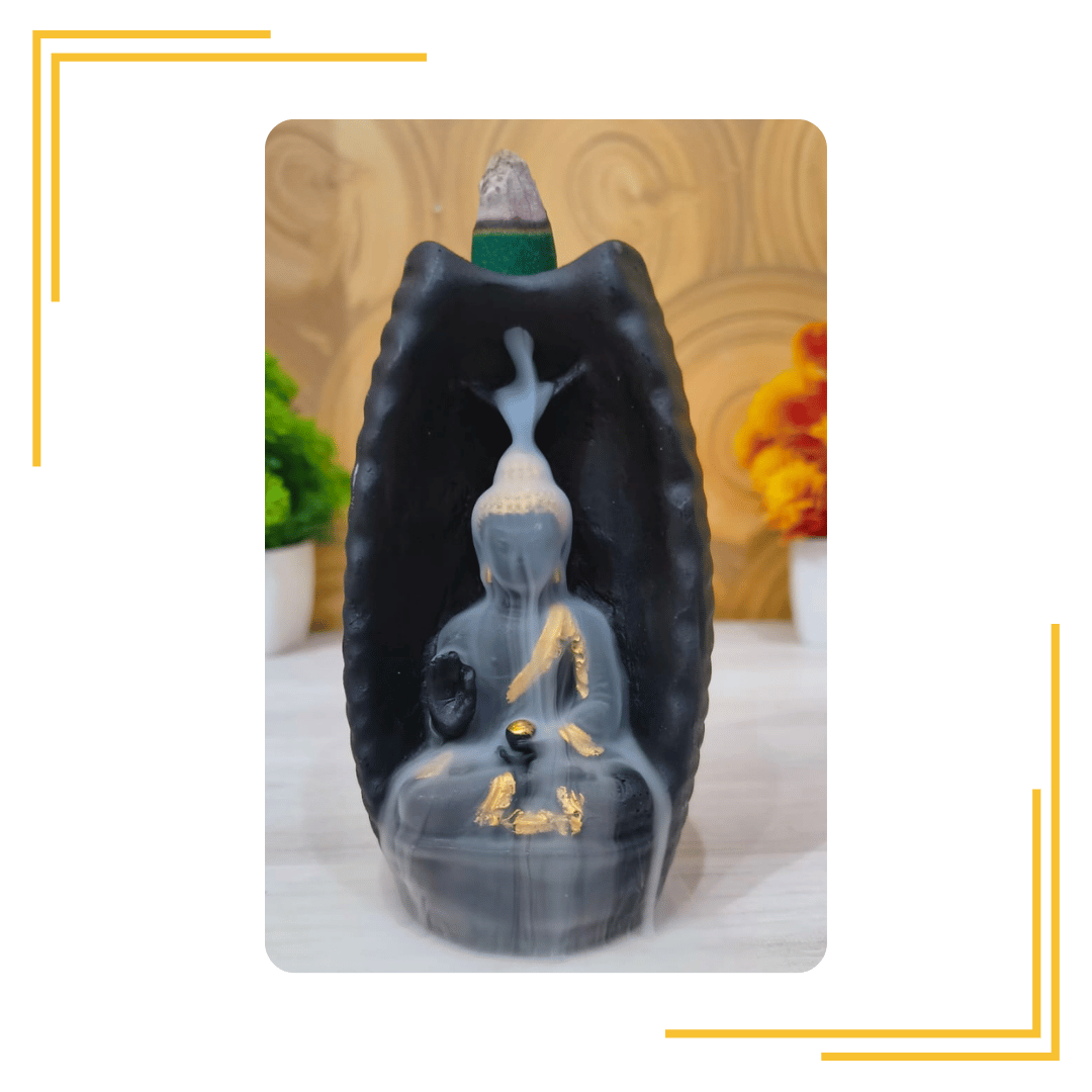 Lord Buddha Smoke Waterflow Incense Holder | Decorative Showpiece with 10 Free Smoke Cone (Dhoop) Murti for Home Decor, Decorative Gift, Living Room, Temple Decor