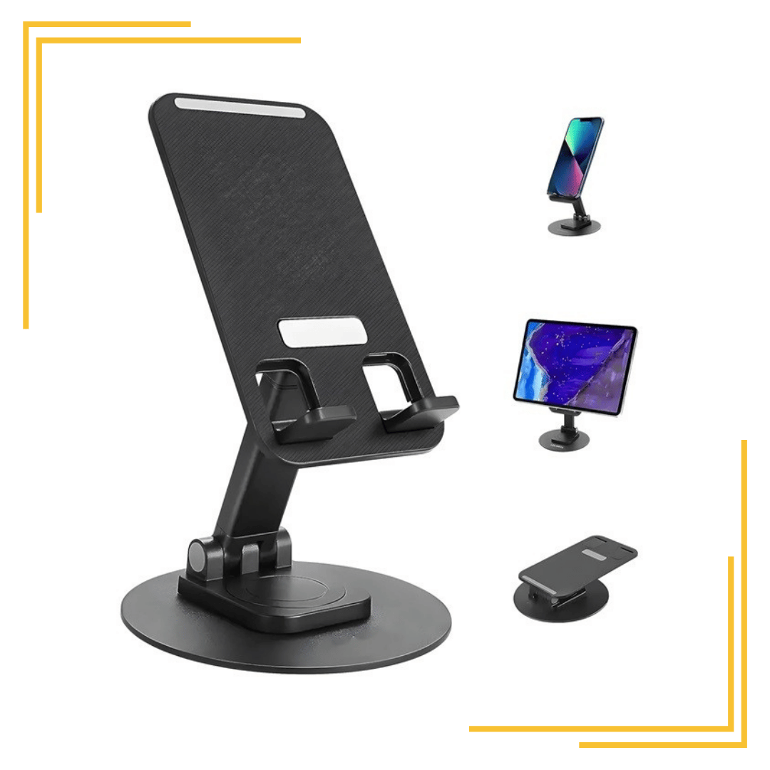 Foldable Solid Tablet Mobile Stand Holder - Angle & Height Adjustable for Desk Cradle Dock Compatible with Smartphones Office Kitchen Use Video Recording (360 Degree Rotation)