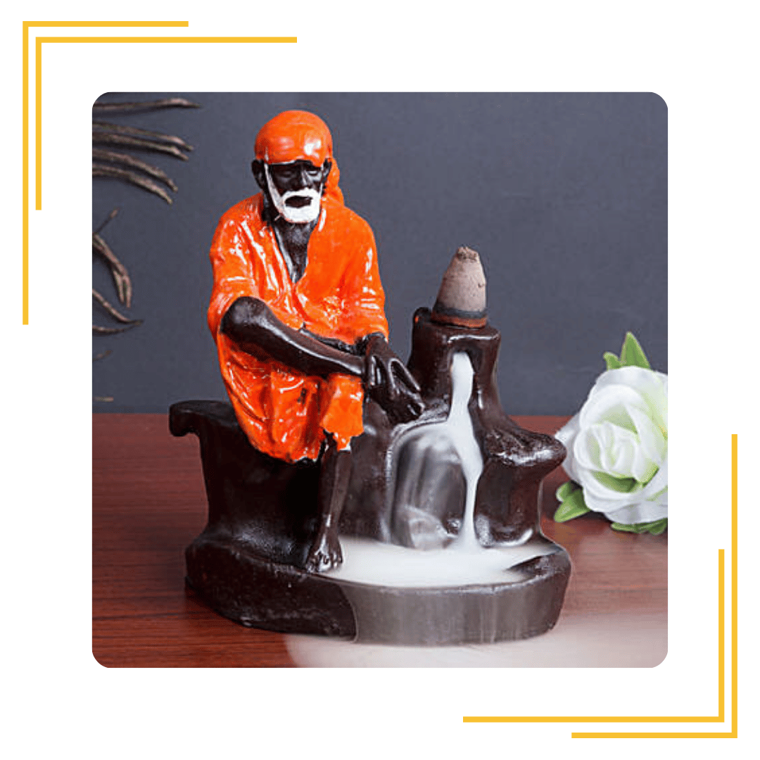 The Indian Craft Meditating sai Baba Smoke Backflow Cone Incense Holder Decorative Showpiece with 10 Free Smoke Backflow Scented Cone Incenses (12 cm Height) (Polyresin, Orange)