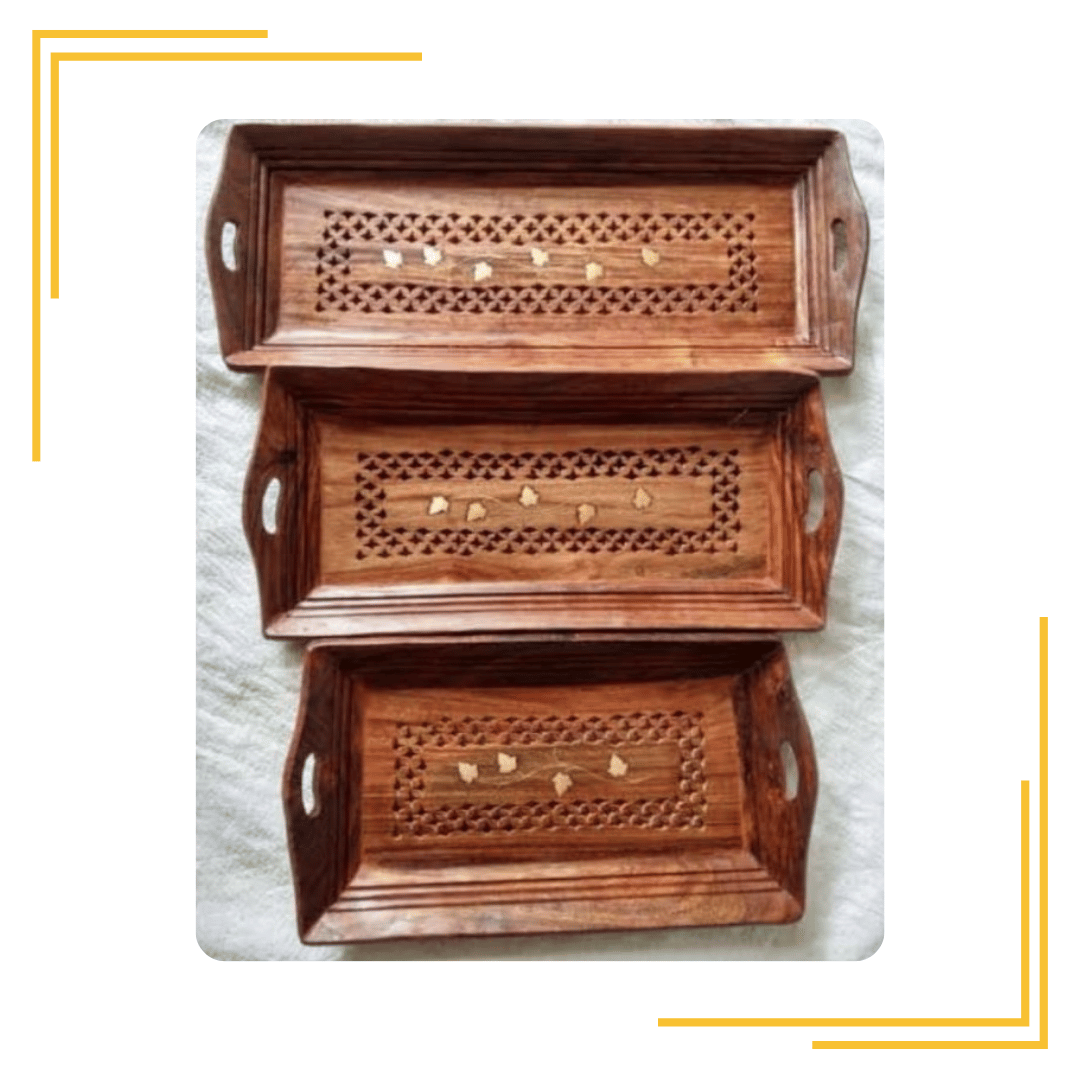 Wooden Handicraft Wooden Serving Tray Set of 3 with Brass Work, Serving Platters and Trays for Party, Food and Tea Wooden Decorative Trays for [Coffee Table], Brown [Large, Medium and Small]