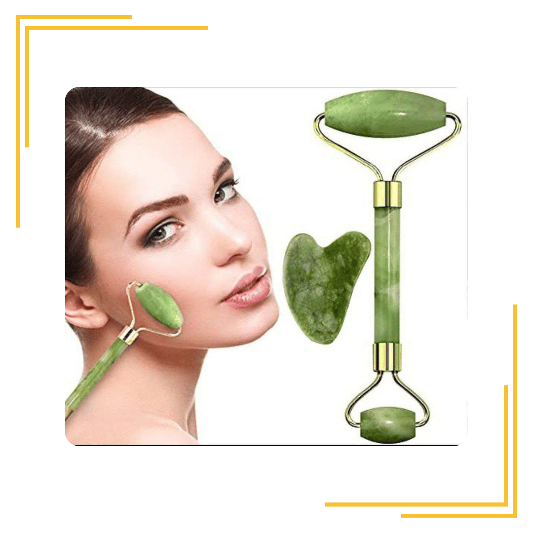 Roller & Gua Sha Double Sided Facial Massager Natural Stone Massage Beauty Tool for Face Neck Toning, Firming Serum Application