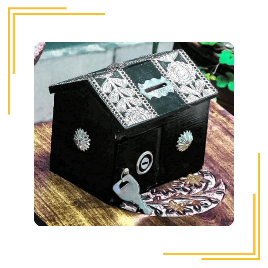 Wood Carver Handcrafted Wooden blackHUT shape black stripped Money Bank Safe Kids /Saving Box Piggy Bank for Adults Travel Fund, Vacation Fund, Adventure Fun CYLINDER SHAPEd // with lock and key