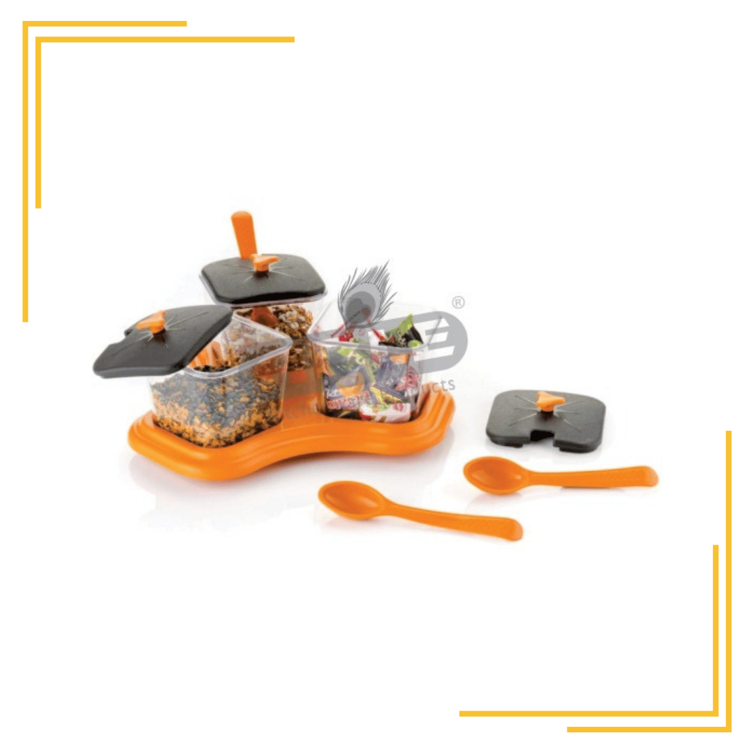 COLLECTION Dining Table Stand 3 Pcs Pickle Jar Spice Tray Spoons Virgin Plastic Kitchen Storage Container for Salt Pepper Sauces Chutney Masala