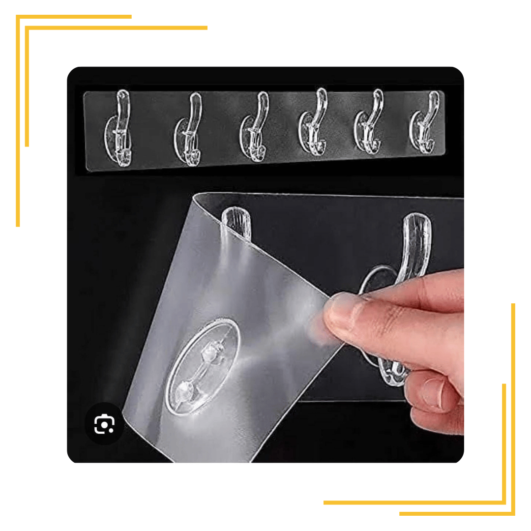 Double-Sided Adhesive Wall Hooks- Wall-Sticking Hooks Without Punching and Nails Waterproof Oil-Proof Heavy-Duty Self for Bathroom Kitchen Transpernt 6 in 1 Hook Holder 6kg Max Hooks