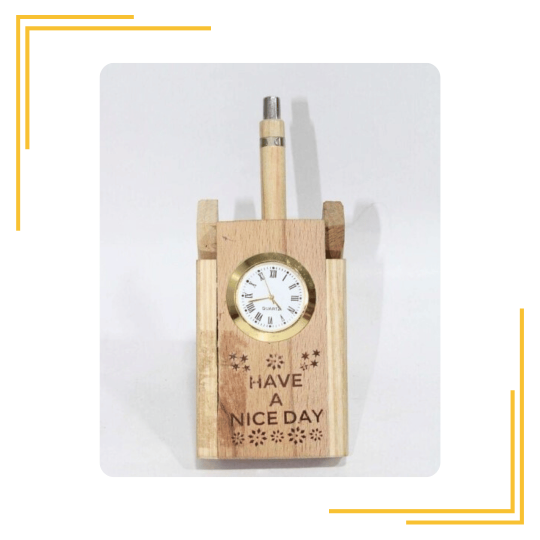 Wooden Pen Stand with Analog Clock for Table & Office Desk