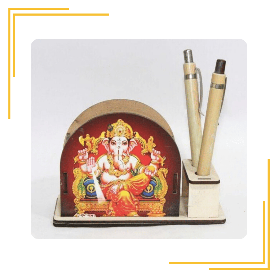 Handmade Wooden Tapper Desktop Organizer with Ganesha in Blessing pose, Wooden Pen Holder Decorative Showpiece