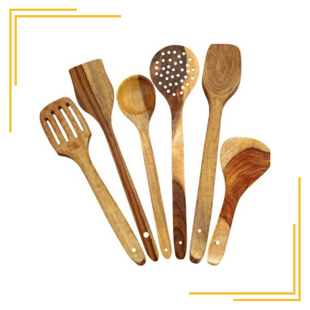 Mango Wood Handmade Cooking & Serving Spoons Kitchen Tools for Non Stick Utensils Brown Color (Set of 6)