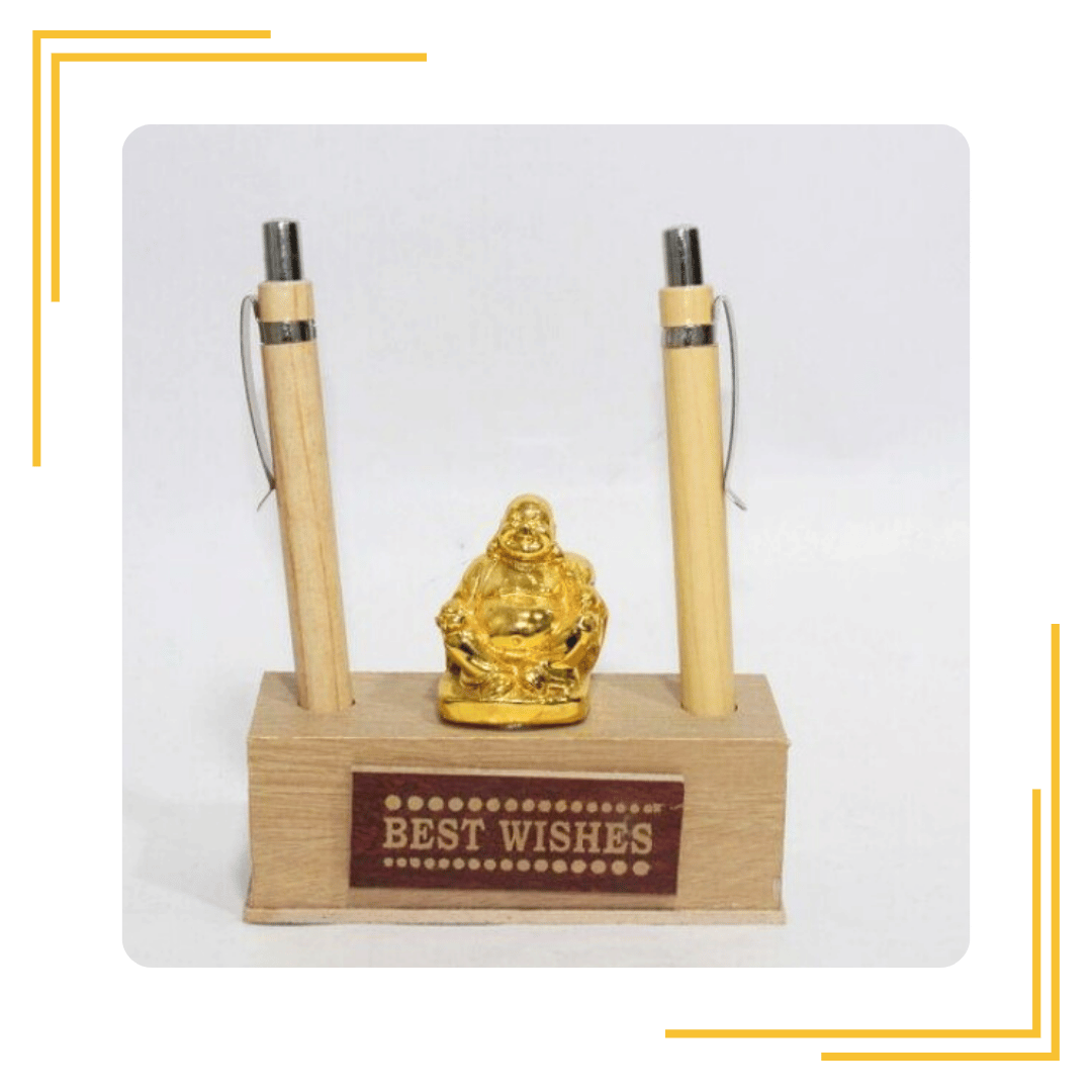 Wooden Pen Stand with Laughing Buddha,Happy Man with 2 Wooden Pen for Office, Gifts, Corporate